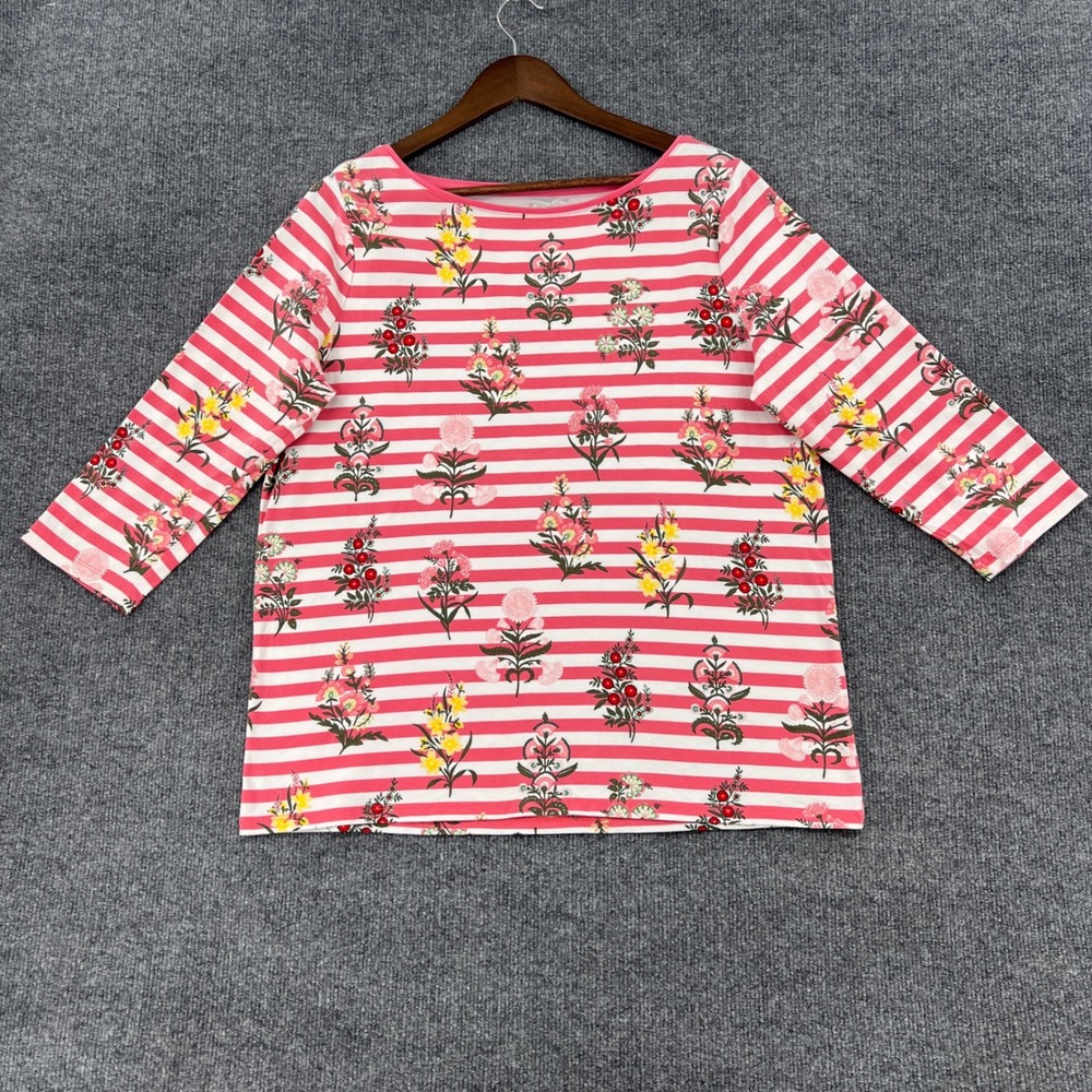 Talbots T-Shirt Women 1X Pink Striped Floral Boat Neck 3/4 Sleeve Preppy Cottage